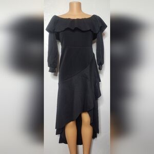 Simple Chic On/ Off Shoulder Black Ruffled Long Sleeve Dress Size Lg.